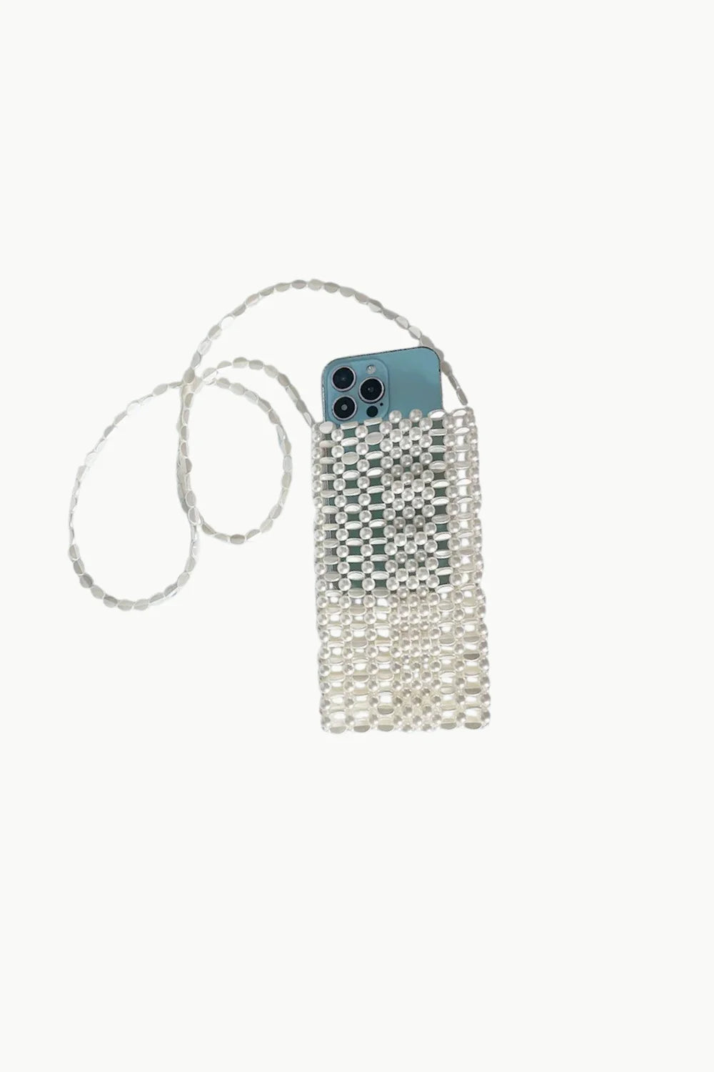 Clear beaded white crossbody phone bag with shoulder strap for stylish convenience