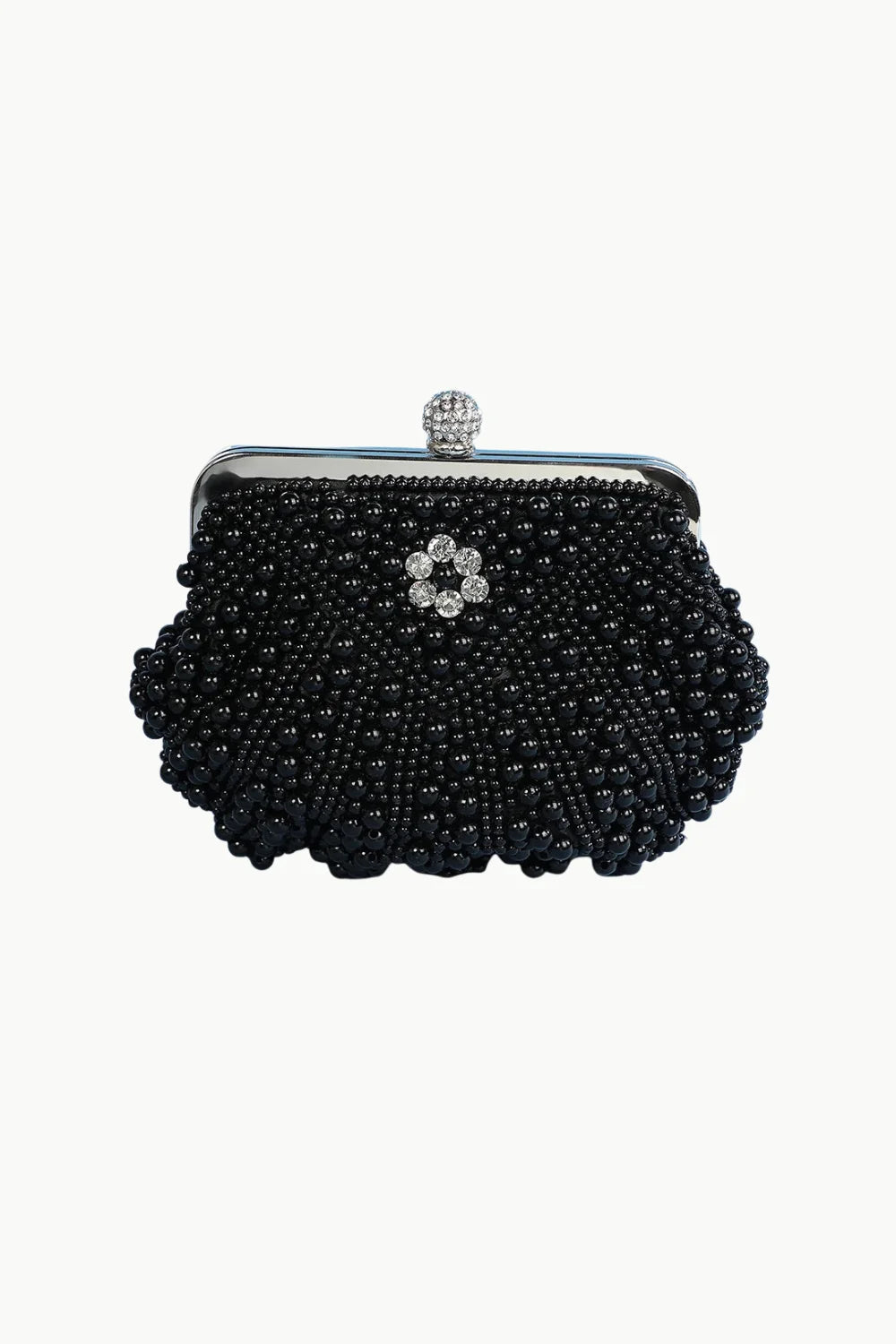 Black beaded clutch with rhinestone clasp and flower embellishment, perfect as a White Pearl Clutch Bag