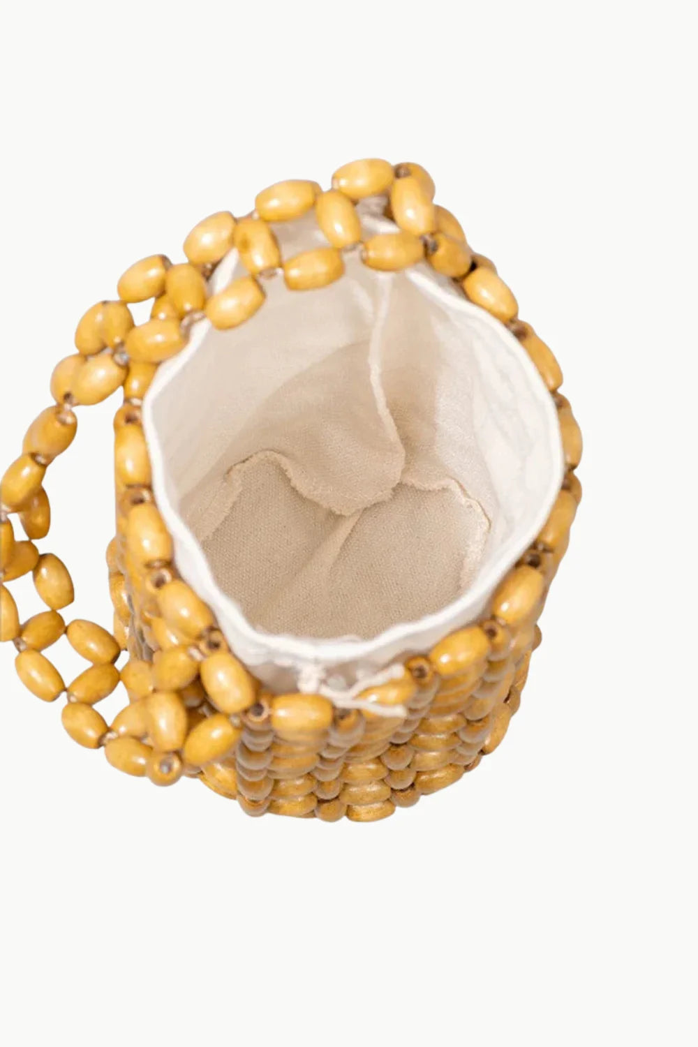 Cylindrical wood-beaded bucket bag with white fabric lining, stylish beaded bucket bag