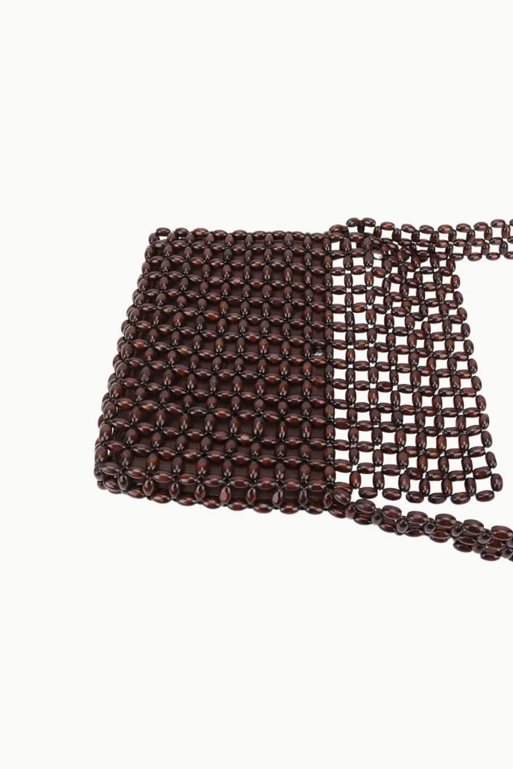 Dark brown beaded wood messenger bag with square mesh pattern for stylish carry