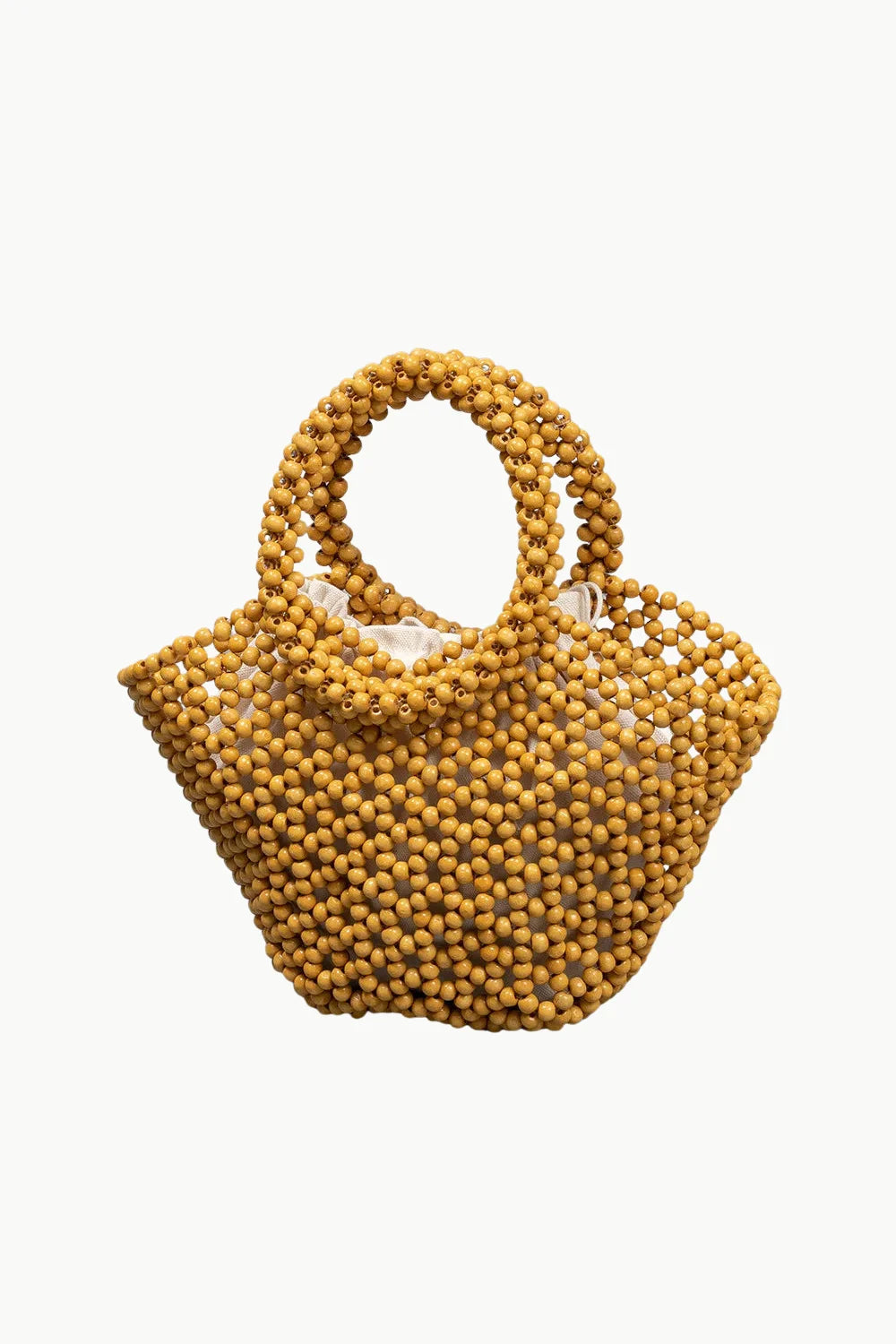 Wooden bead handbag with rounded handles, stylish bead handbag accessory