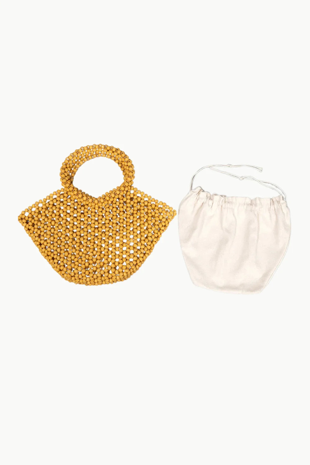 Wooden bead handbag with trapezoid shape and drawstring pouch for stylish accessory