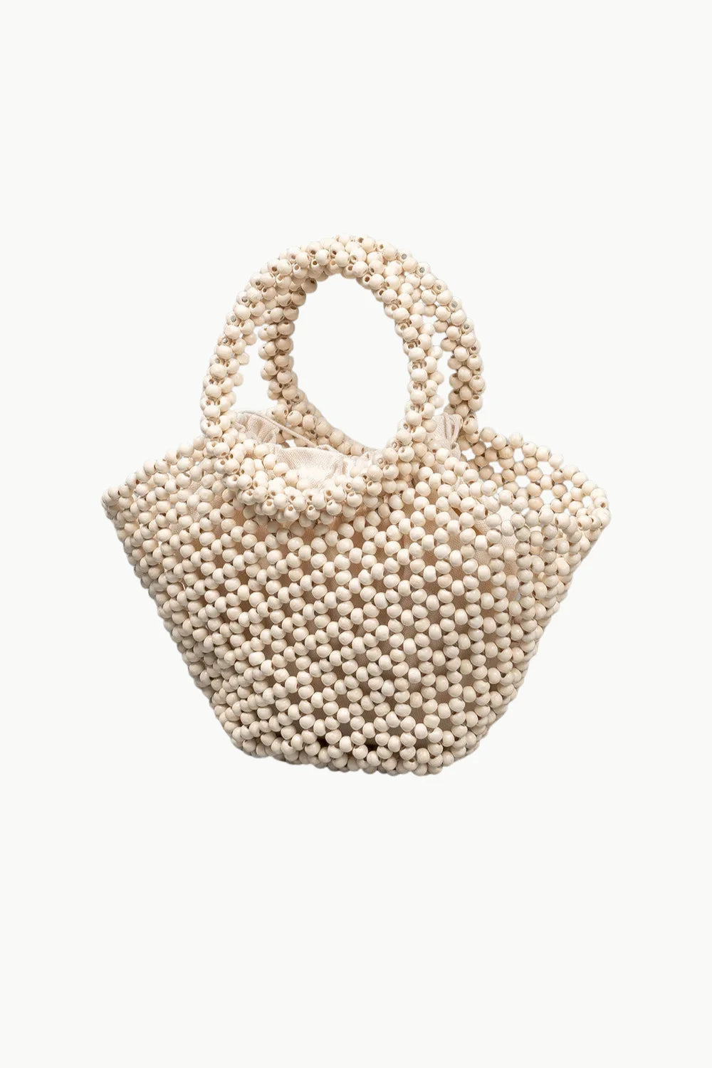 Cream-colored beaded tote bag with top handles, Wooden Bead Handbag for stylish carry