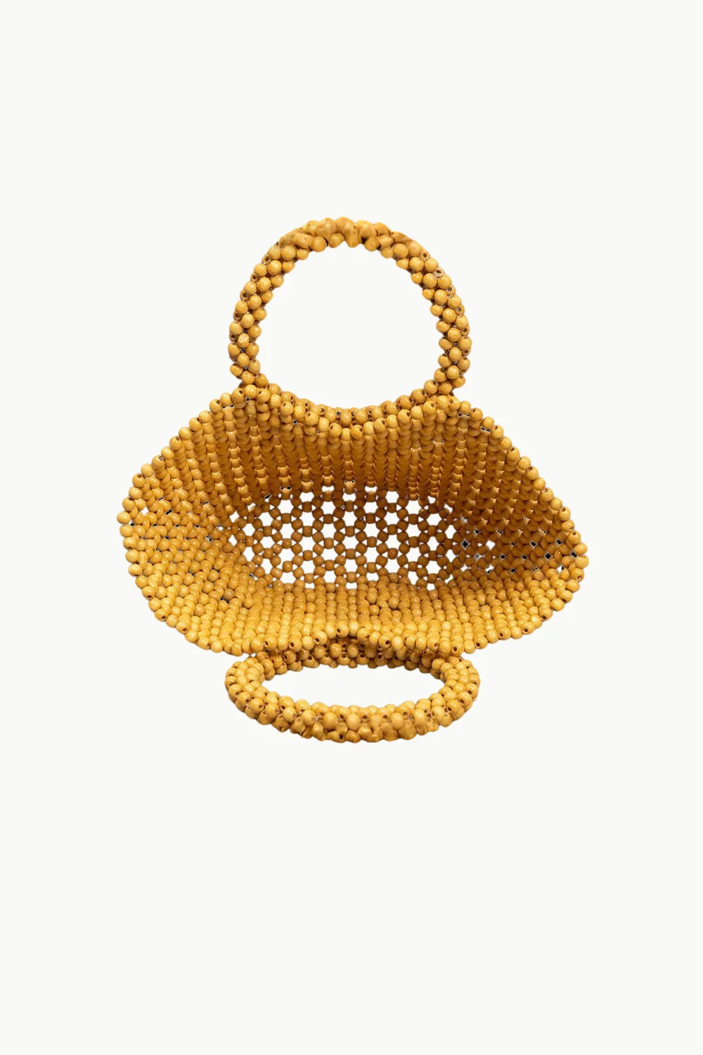Mustard yellow wooden bead handbag with circular handles, stylish bead handbag accessory