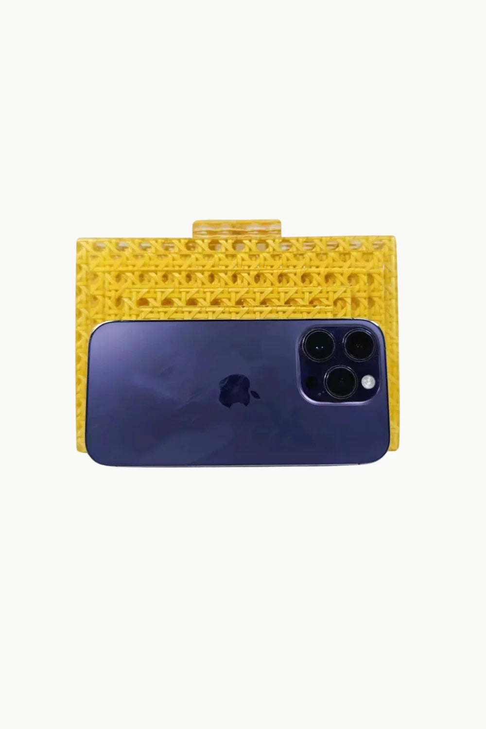 Yellow beaded clutch bag with rectangular woven design and latch closure