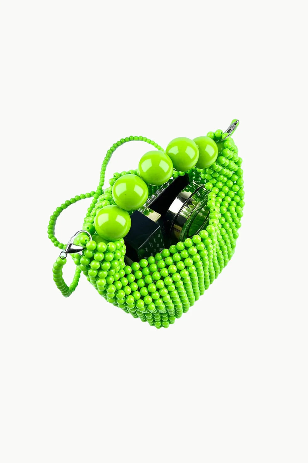 Bright green beaded handbag with large round beads and silver clasp for yellow beaded handbag style