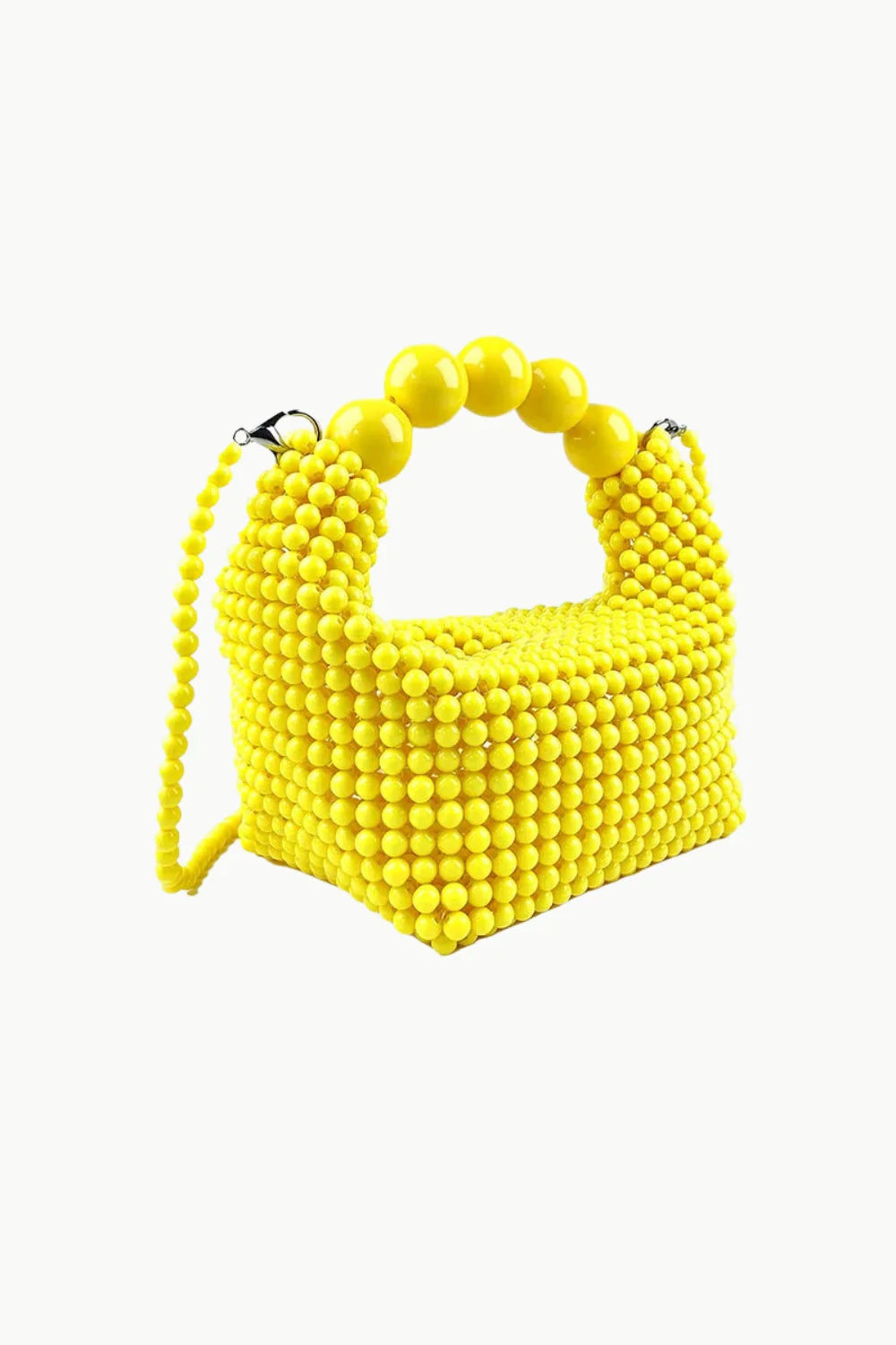 Yellow Beaded Handbag with Rounded Beaded Top Handle and Detachable Shoulder Strap