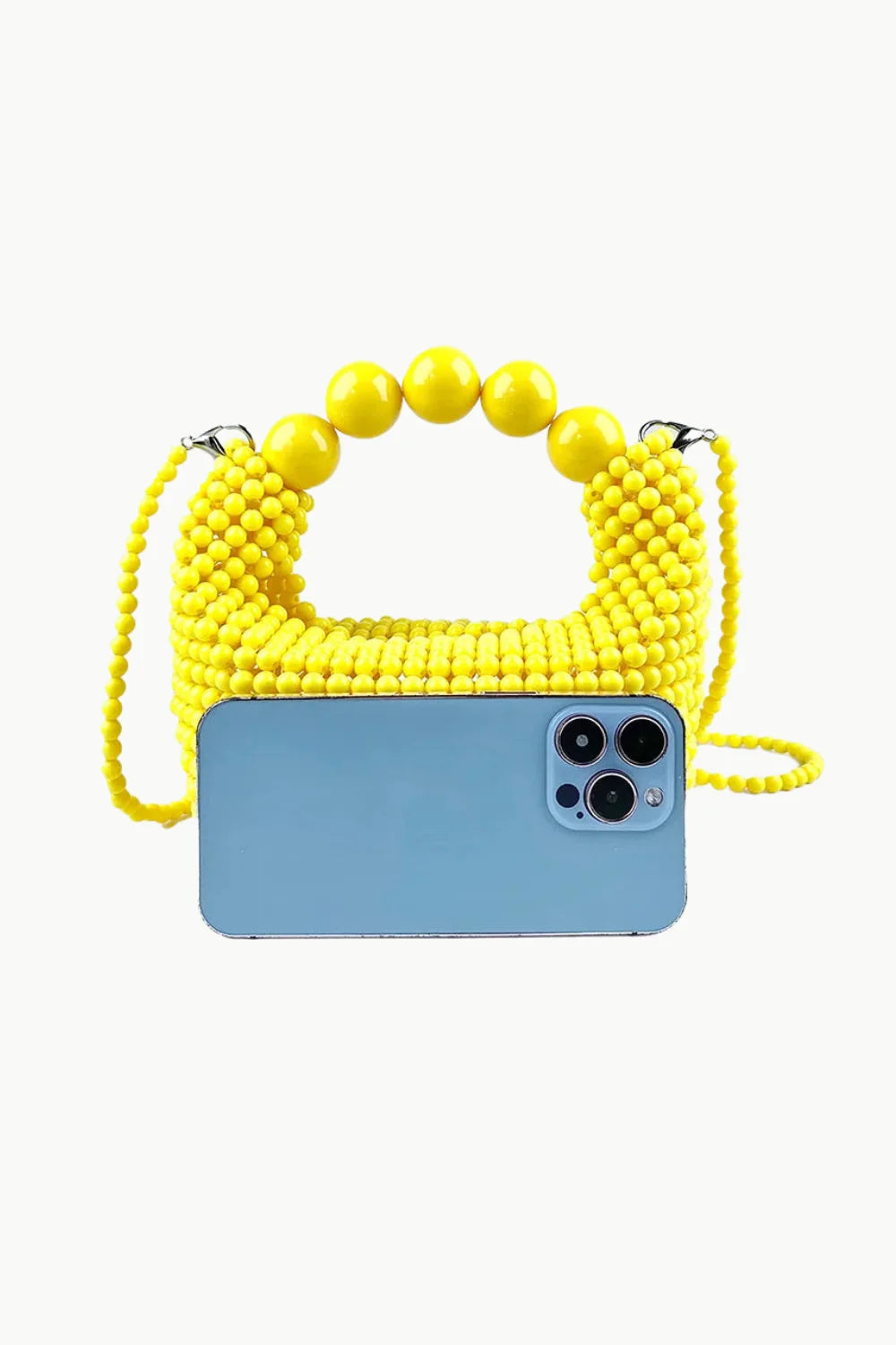 Yellow beaded handbag with rounded handle and long beaded shoulder strap