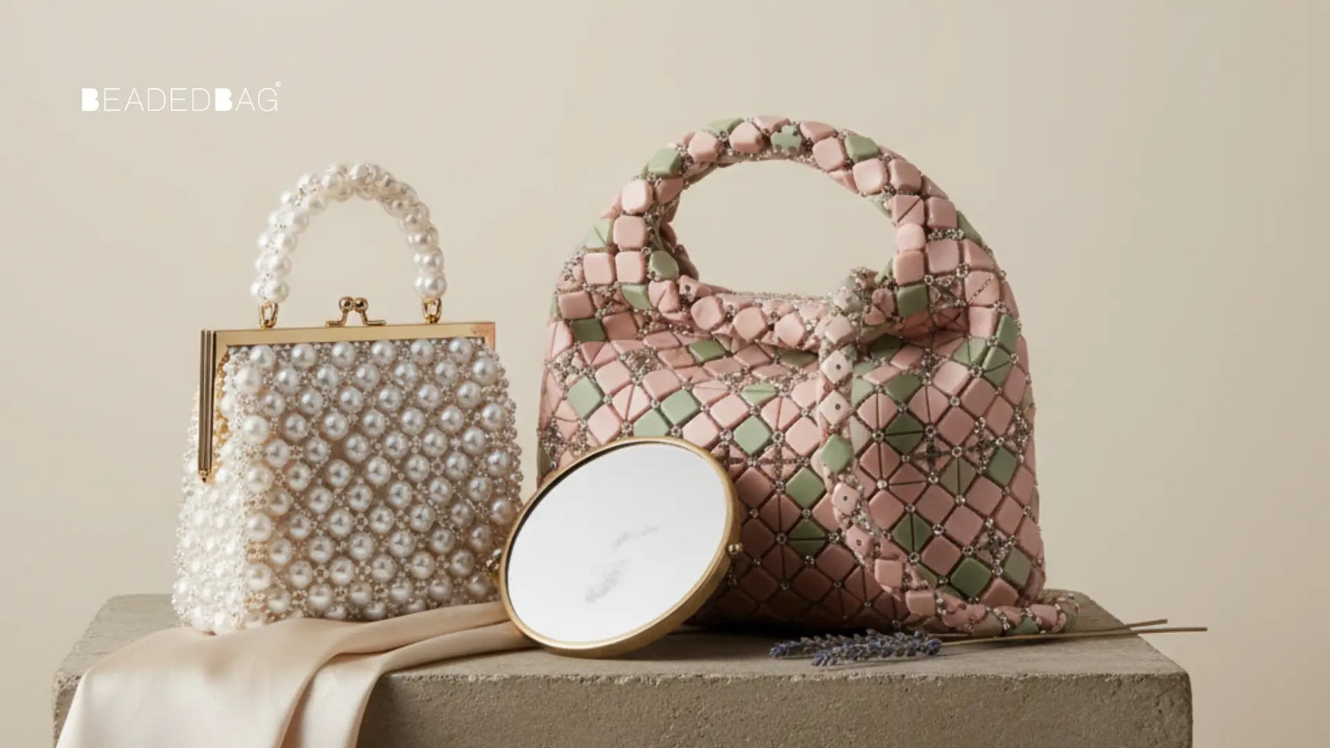 Two trending beaded handbags styled minimally, showcasing modern silhouettes, intricate beadwork, and refined craftsmanship. Image