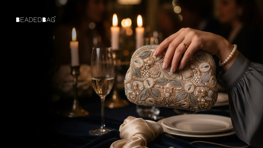 Elegant evening scene with a shimmering beaded clutch, highlighting beadwork, reflection, and fine craftsmanship.