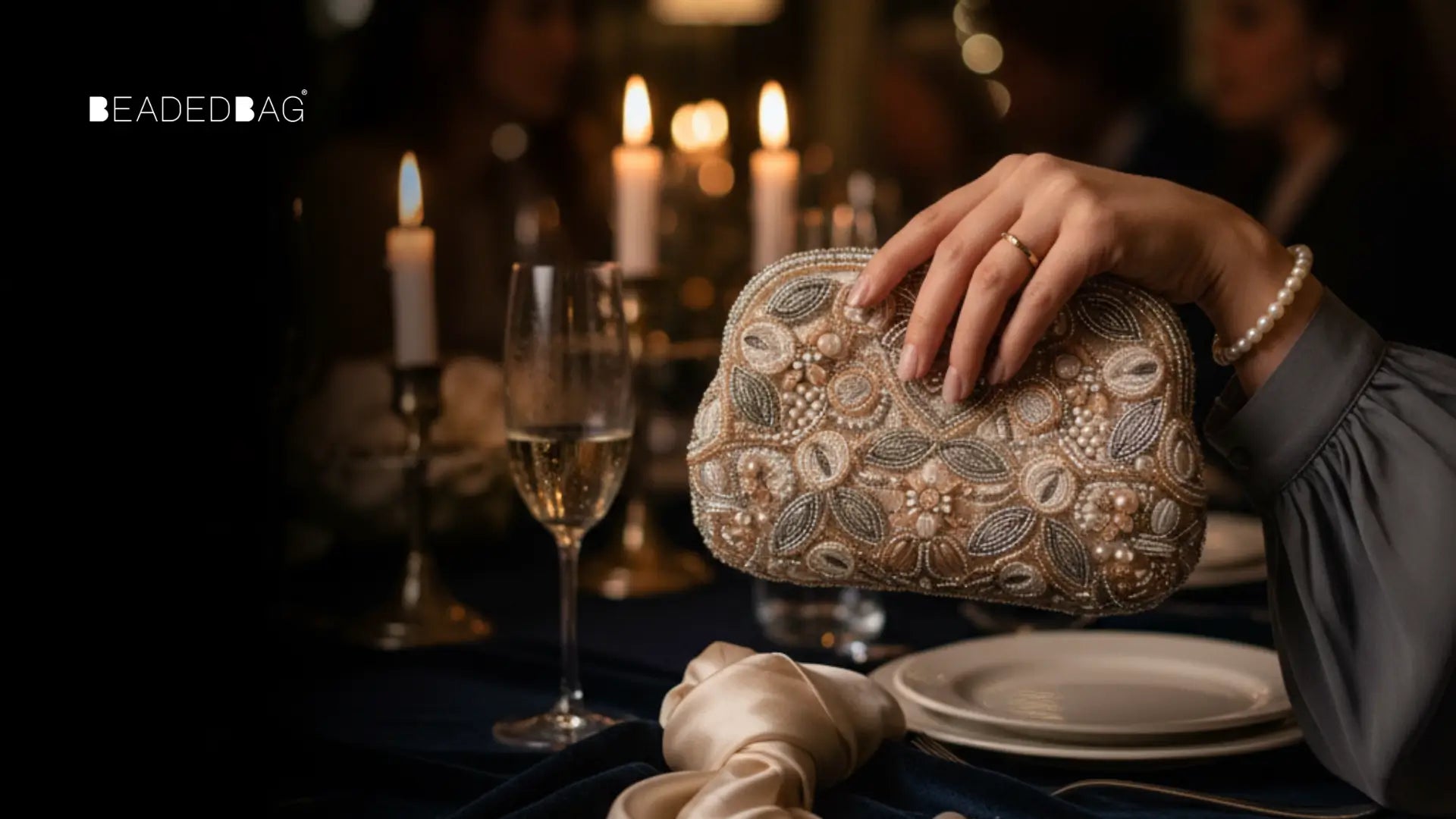 Elegant evening scene with a shimmering beaded clutch, highlighting beadwork, reflection, and fine craftsmanship.