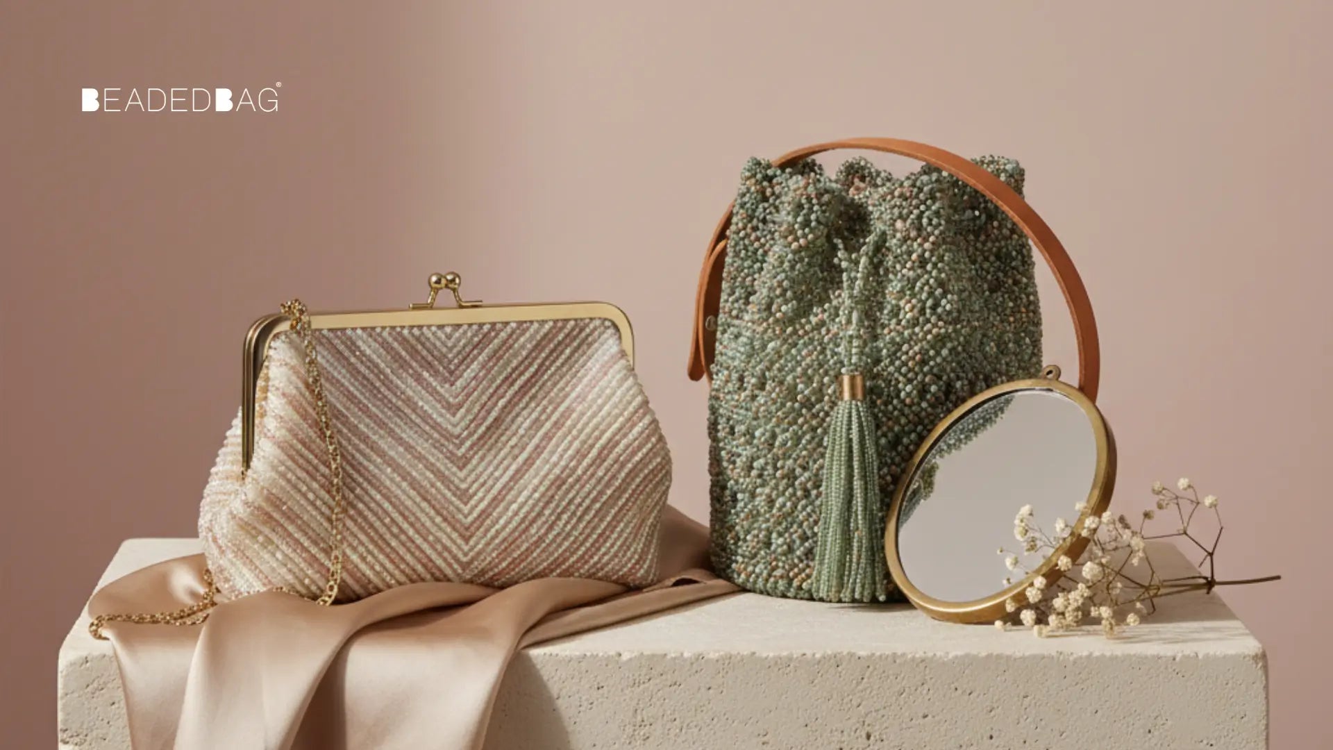 Stylish outfit with a beaded purse, highlighting fine beadwork, premium materials, and soft natural lighting.