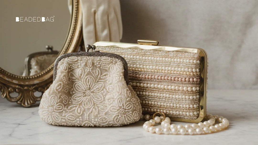 Elegant handcrafted beaded bag displayed on soft fabric, symbolizing timeless craftsmanship, luxury, and enduring style.