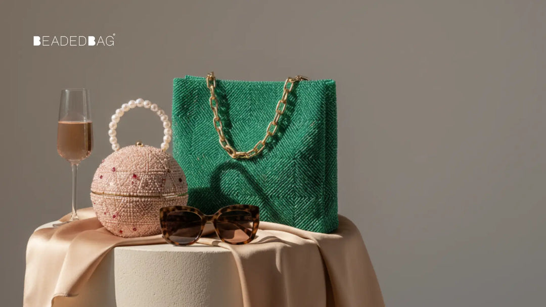 Fashion-forward beaded handbag styled in a modern setting, highlighting intricate beadwork, sparkle, and current trend appeal.