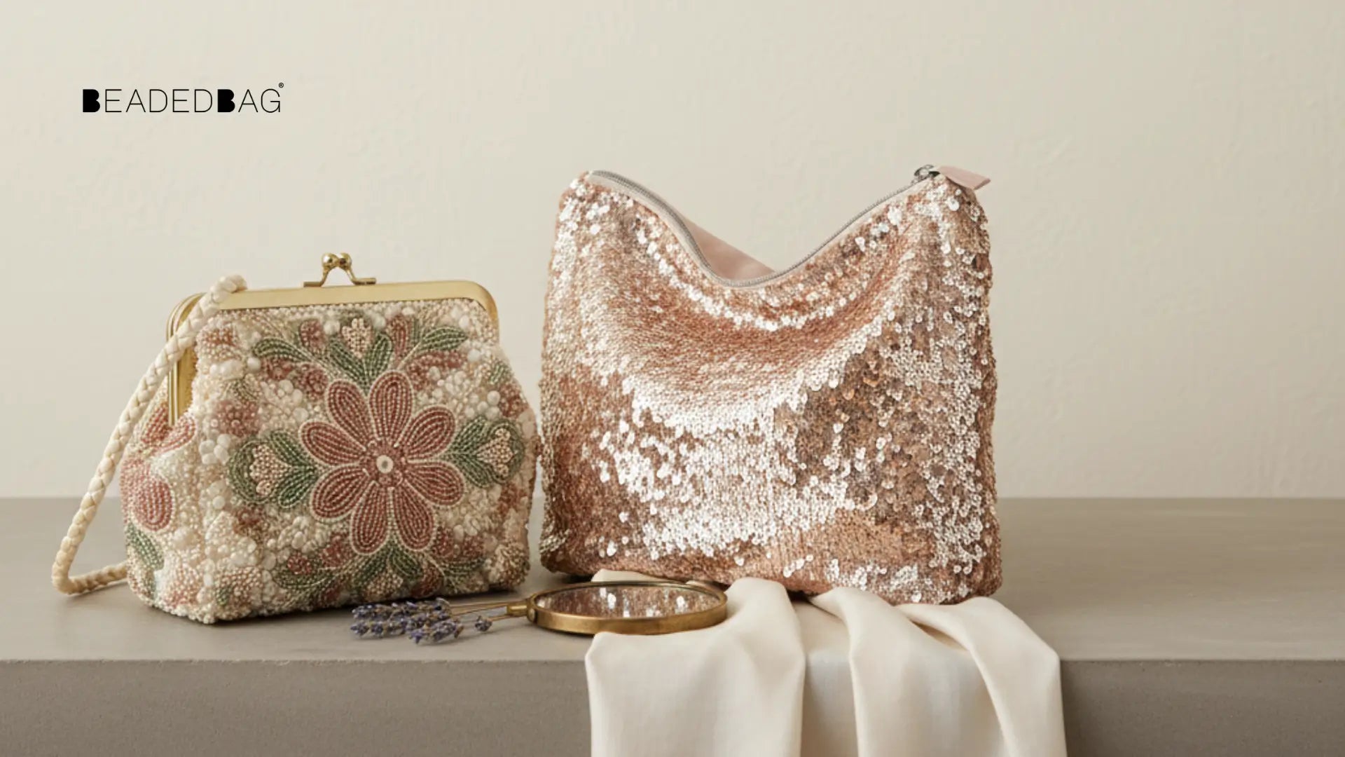 Beaded and sequined bags side by side under soft light, highlighting texture, craft, and elegance. Image