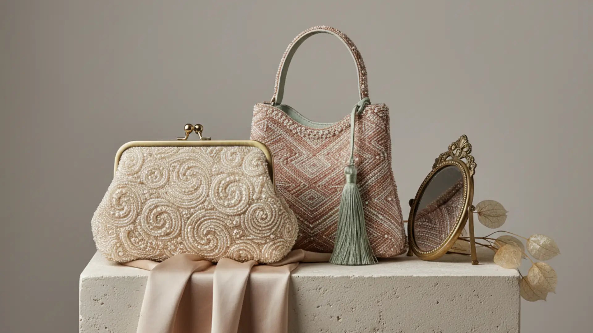 Close-up of a handcrafted beaded evening bag with intricate beadwork, fine stitching, and elegant textured finish.