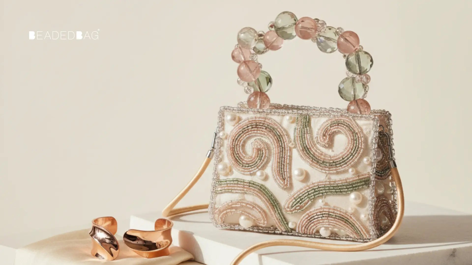 Trend-forward beaded mini handbag under soft studio light, highlighting modern bead mix, stitching, and elegant texture. Image