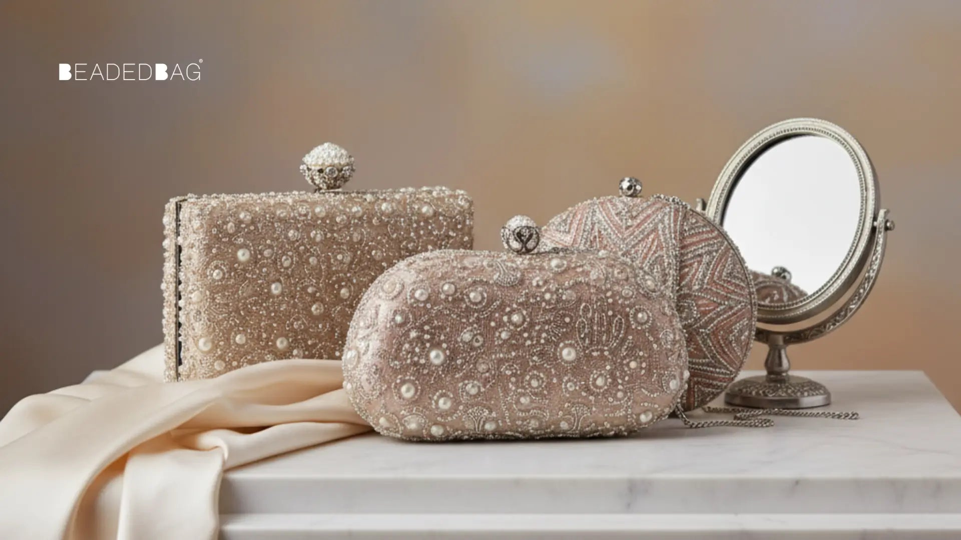 Elegant beaded clutches displayed with silk accents, highlighting luxury design and intricate details for weddings and evening events. Image