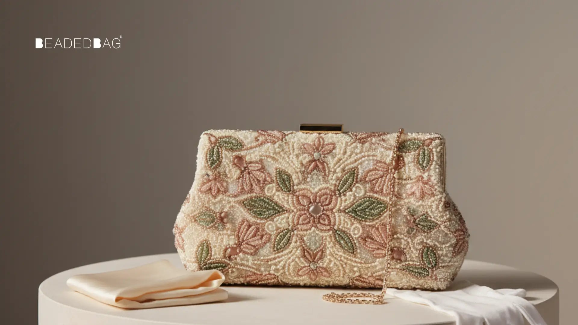 Beaded bag staged with gentle care props, highlighting intricate beadwork, fine stitching, and soft studio light.