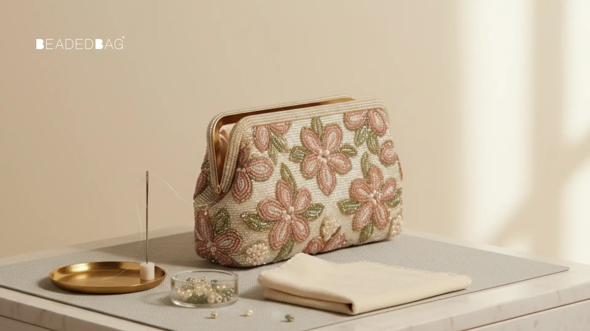 Beaded handbag with repair tools arranged neatly, highlighting precise re-stitching and restoration craftsmanship. Image