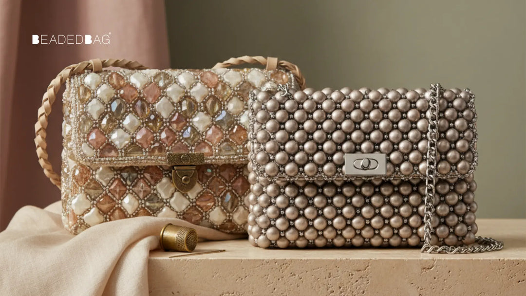 Handmade and machine-made beaded bags side by side, highlighting differences in stitching, texture, and craftsmanship.