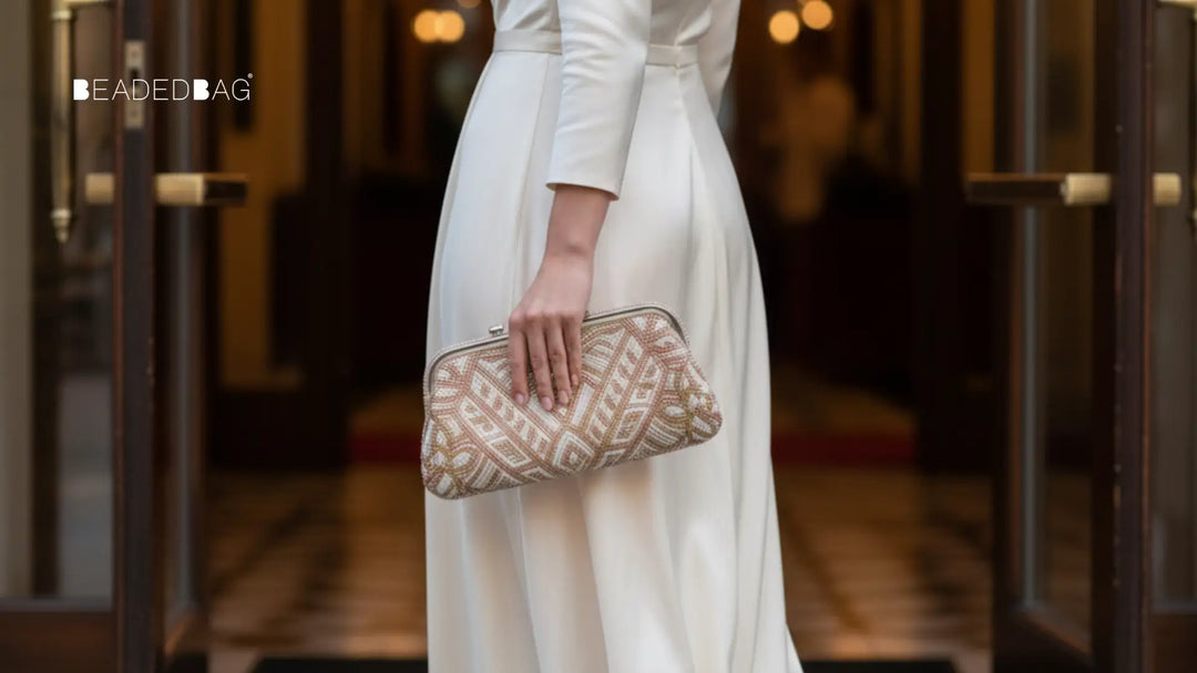 Elegant beaded bag styled in a celebrity-inspired look, highlighting luxury beadwork and modern fashion appeal.
