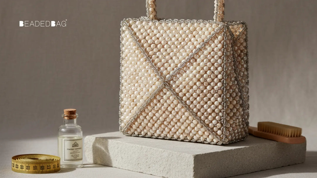 Structured beaded bag standing upright, showing firm craftsmanship, detailed stitching, and elegant bead texture under soft light.