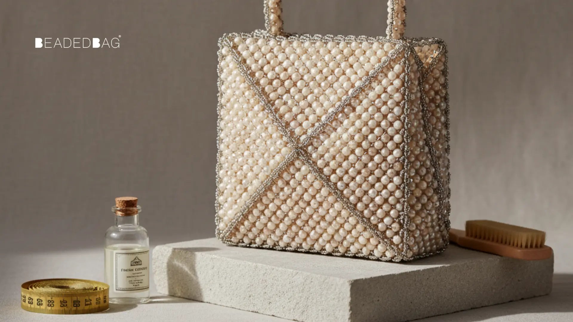 Structured beaded bag standing upright, showing firm craftsmanship, detailed stitching, and elegant bead texture under soft light. Image