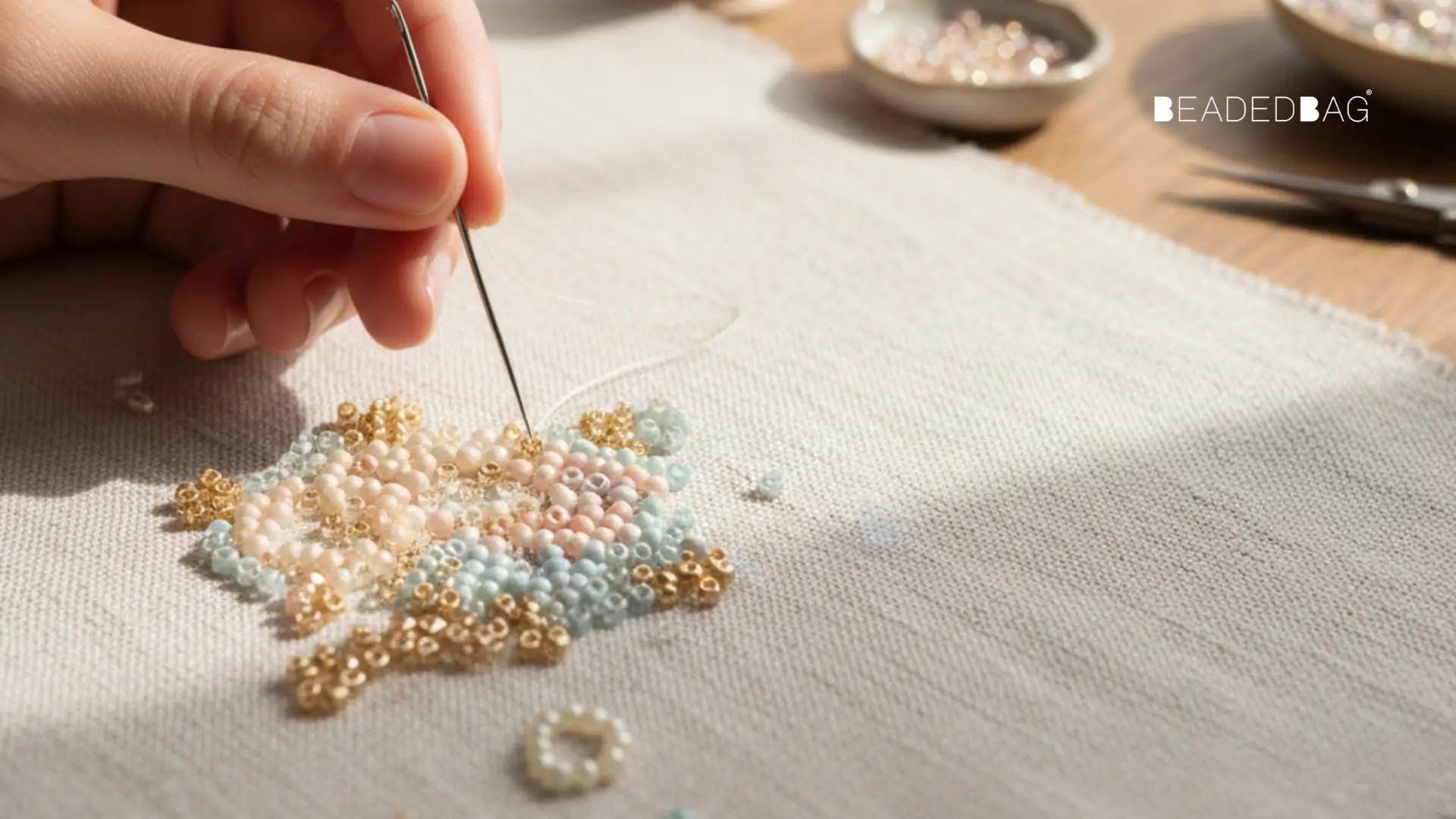 Artisan workspace showing hundreds of colorful beads being arranged to create a handcrafted beaded bag. Image