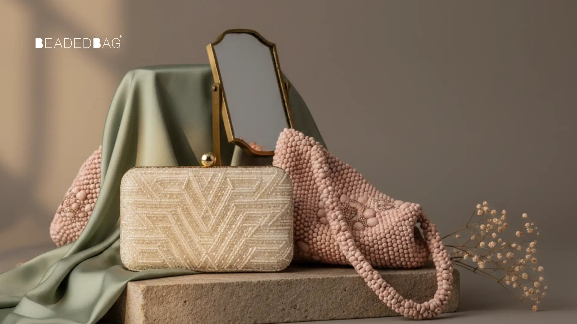 Two complementary beaded bags on a minimalist plinth, highlighting silhouette variety, beadwork, and refined craftsmanship. Image