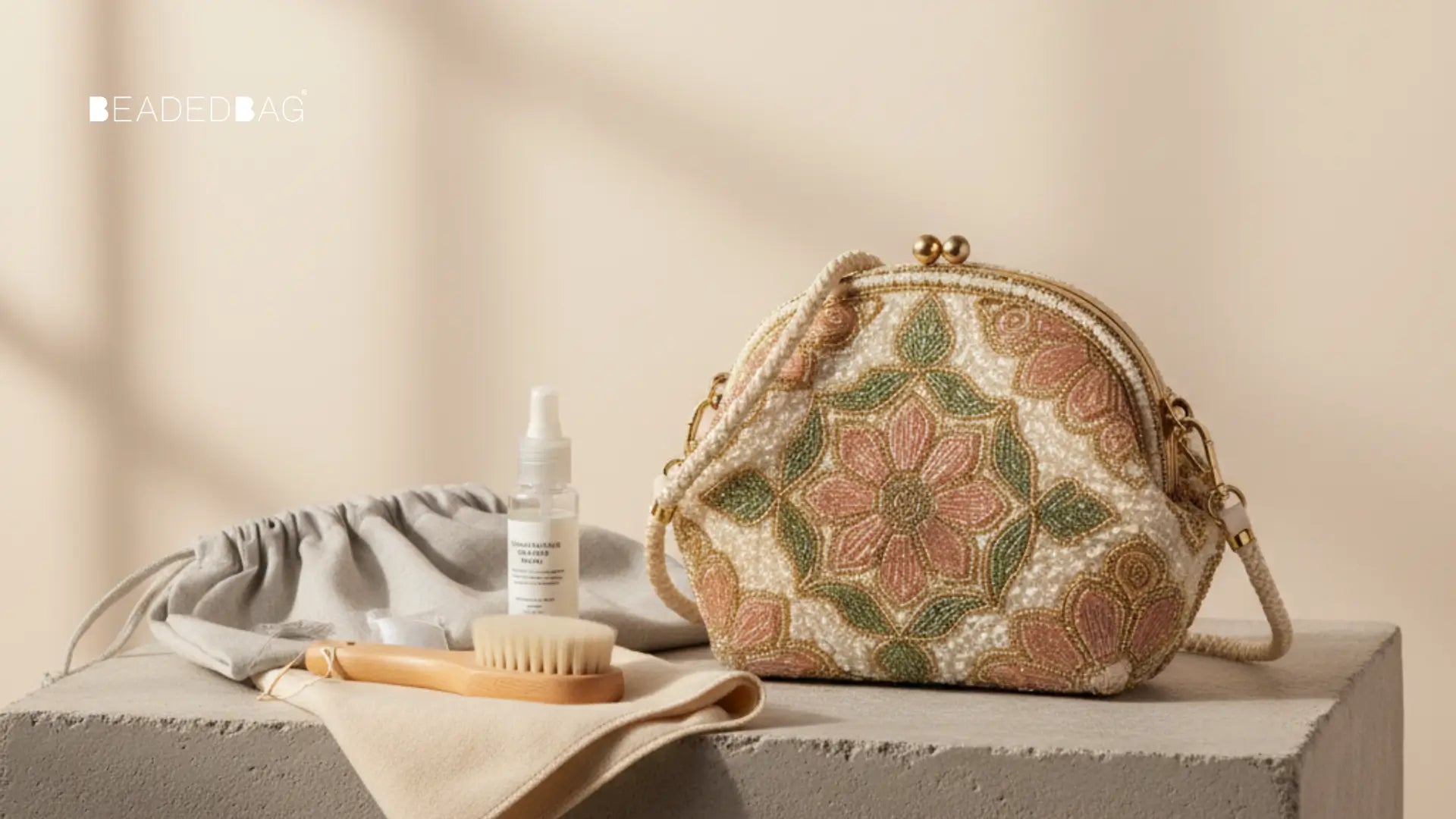 Beaded handbag with microfiber cloth and dust bag, highlighting care steps for long-lasting sparkle and craftsmanship. Image