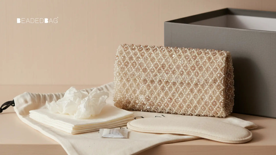 Beaded bag protected with dust bag, tissue, and silica gel, emphasizing careful storage and preservation.