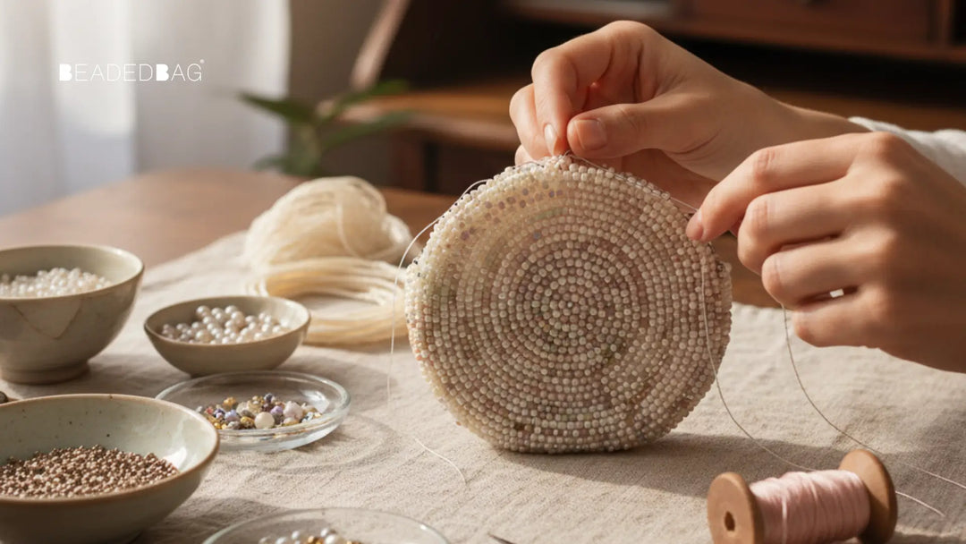 Artisan workspace with beads, thread, and a half-finished handcrafted bag, showcasing delicate detail and natural lighting.