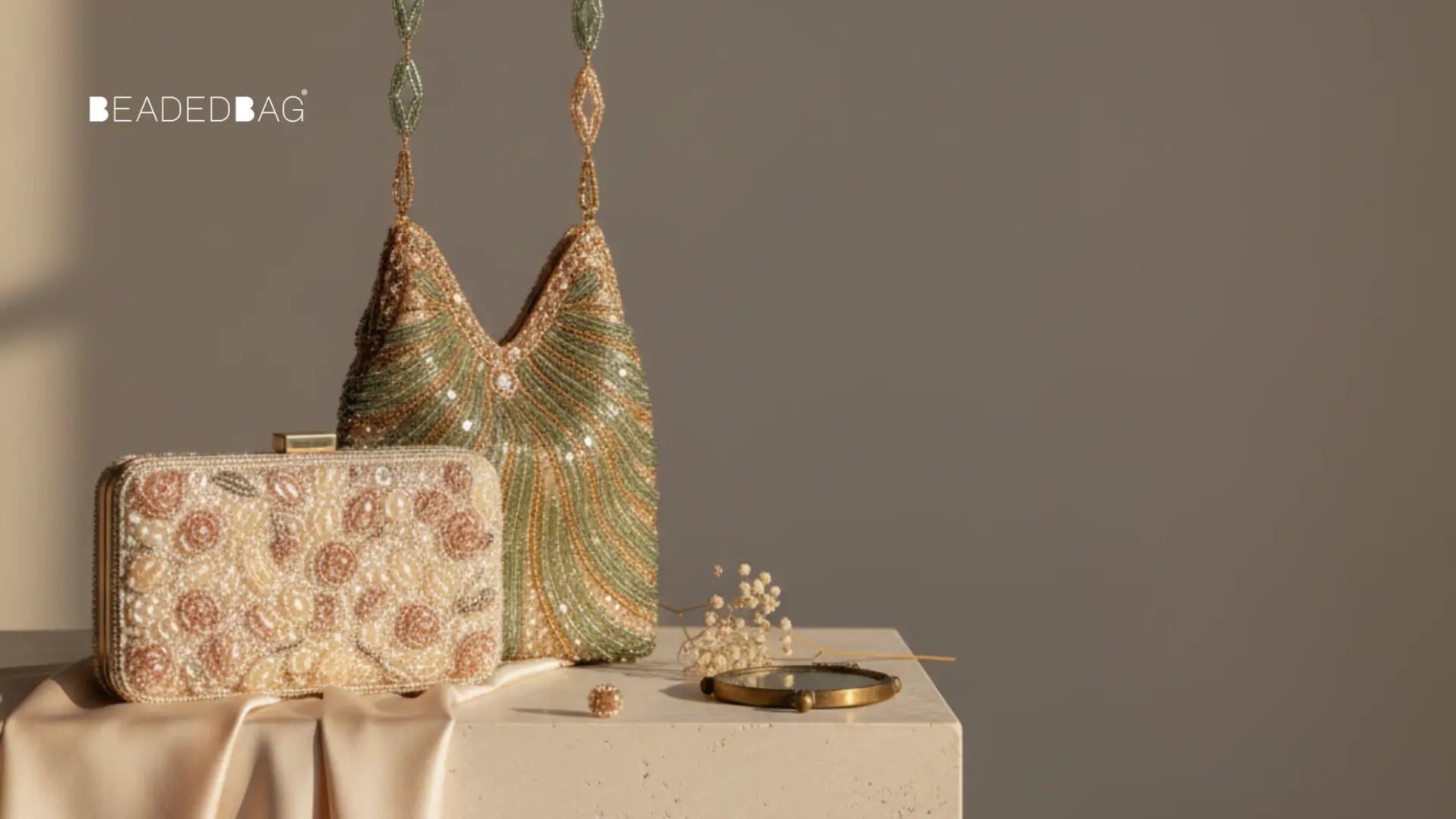 Elegant beaded evening bag displayed in soft light, highlighting intricate beadwork, fine stitching, and refined craftsmanship.