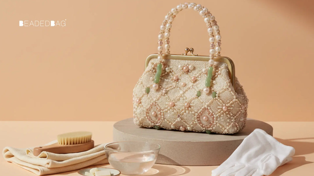 Beaded bag with gentle cleaning props, highlighting intricate beadwork, precise stitching, and soft studio lighting.