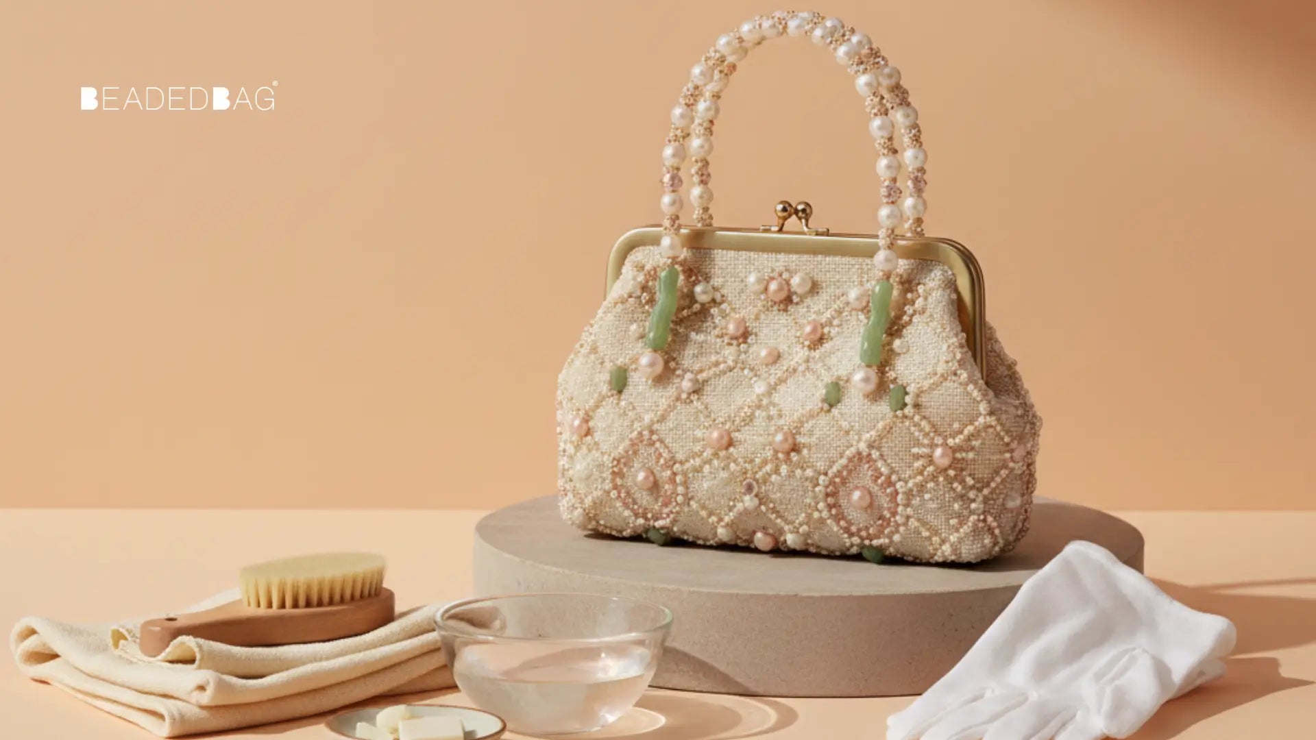 Beaded bag with gentle cleaning props, highlighting intricate beadwork, precise stitching, and soft studio lighting. Image