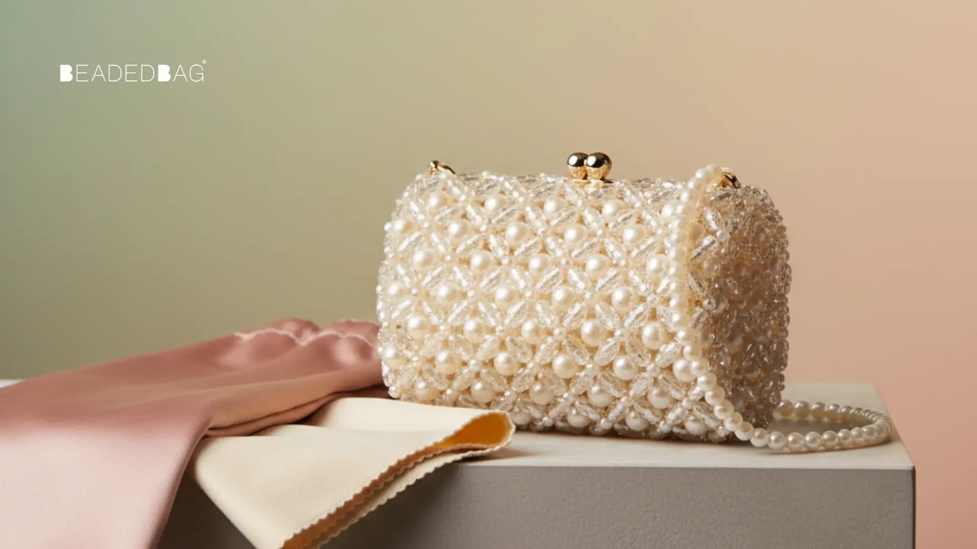 Luxury beaded handbag with dust bag and cloth, styled to show elegance and proper care for longevity. Image