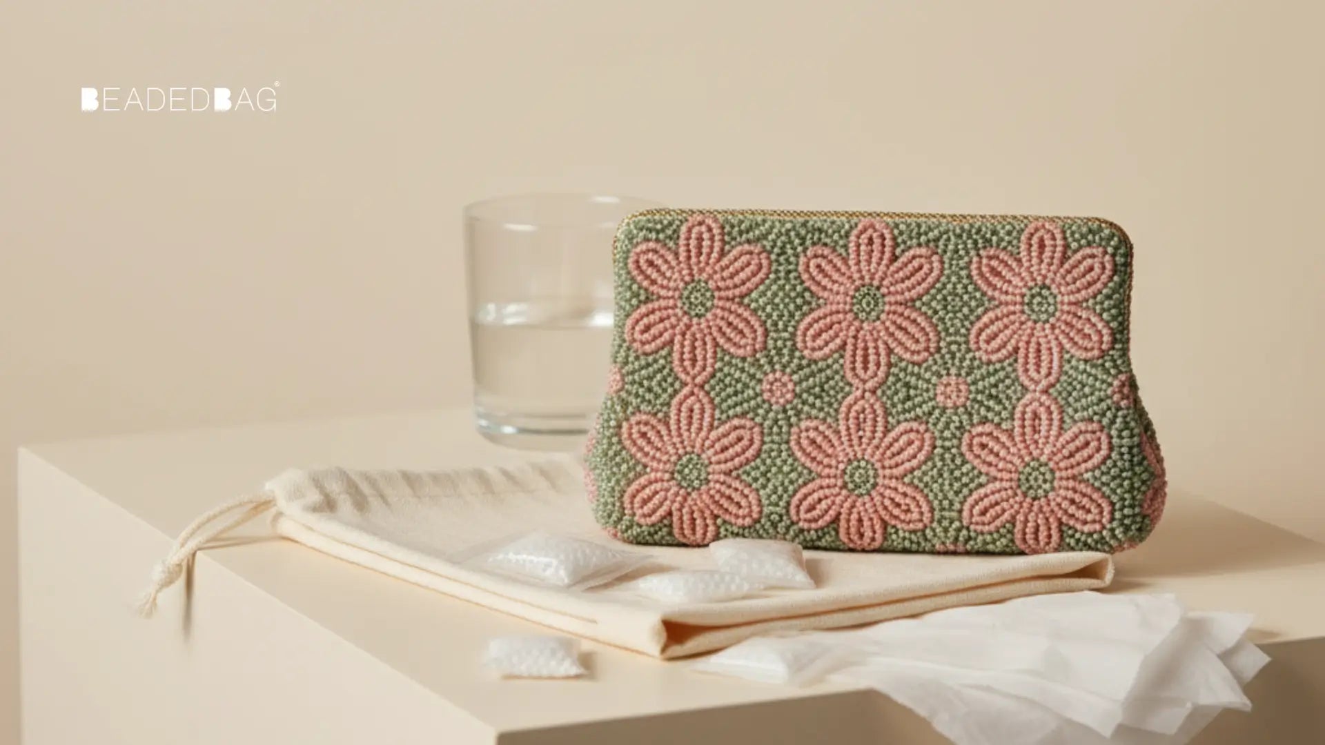 Beaded bag stored with silica gel and dust bag to prevent moisture damage and preserve craftsmanship. Image