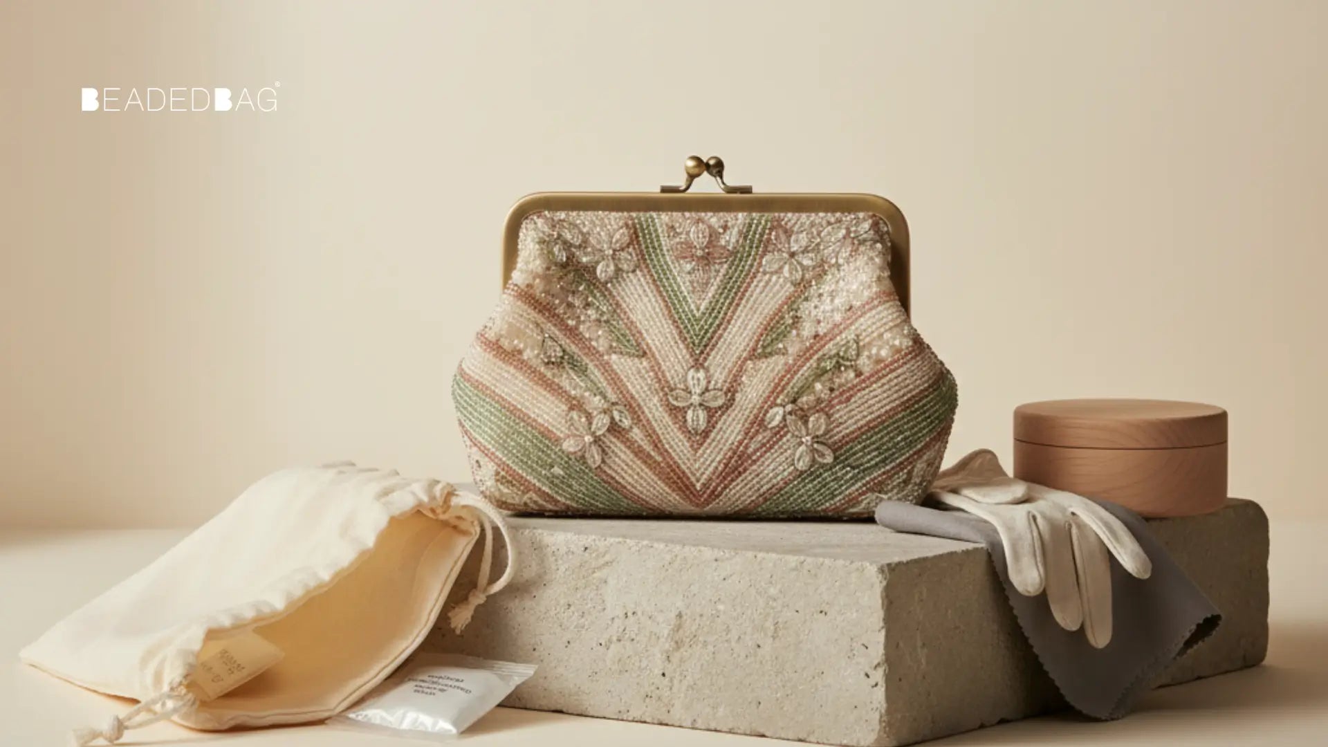 Beaded bag with storage and care props, showcasing intricate beadwork, fine stitching, and soft studio lighting. Image