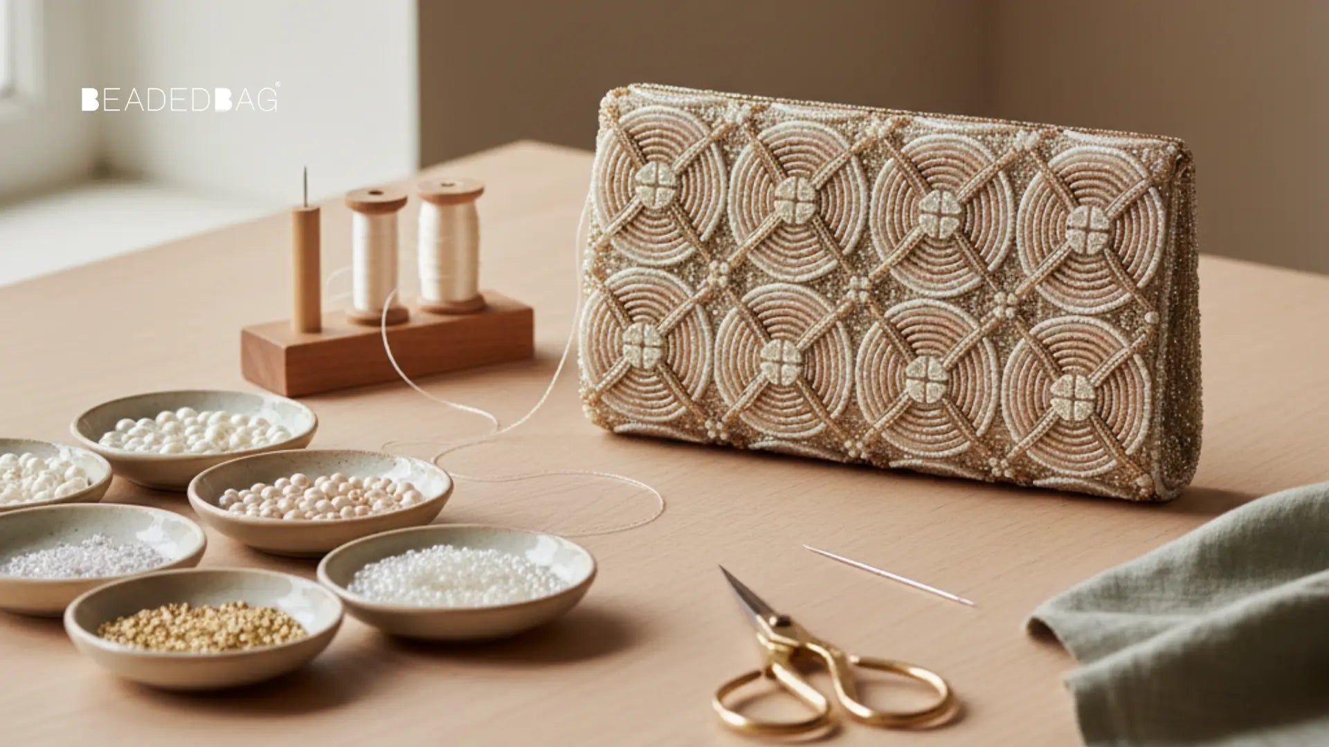 Workspace with a perfectly crafted beaded bag, showing aligned beads, fine stitching, and elegant lighting. Image