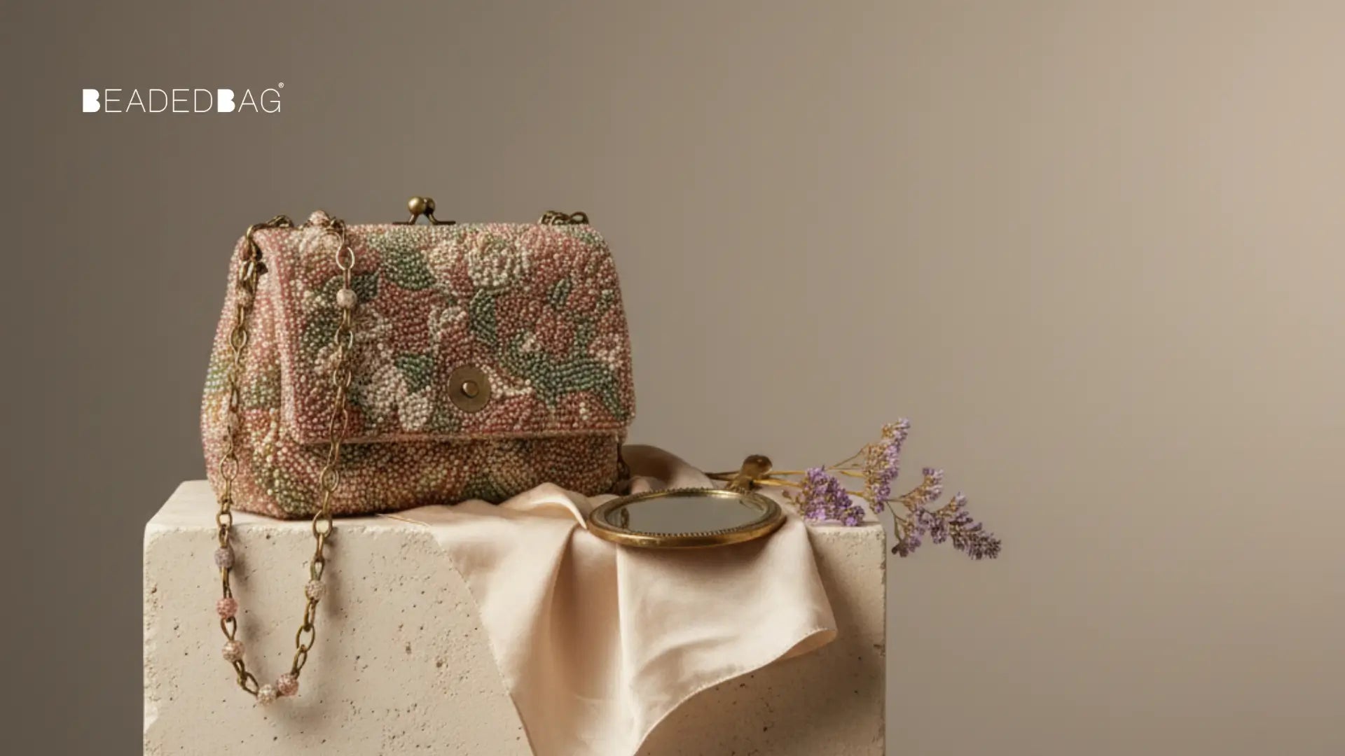 Close-up of a handcrafted beaded bag showing intricate beadwork, precise stitching, and fine textured lining.