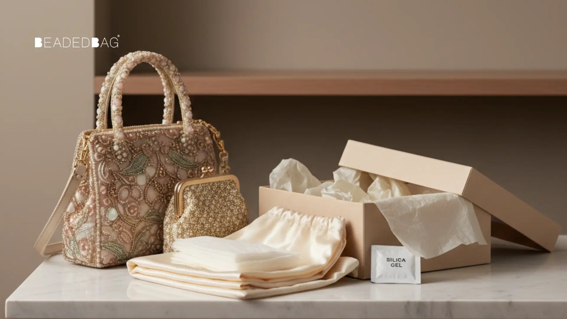 Beaded handbag stored in dust bag with tissue on a tidy shelf, emphasizing careful, long-term protection. Image