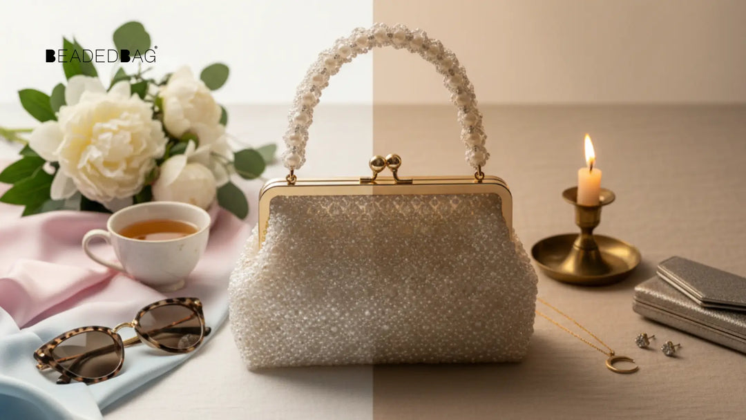 Beaded handbag styled with contrasting day and night accents, showing versatility and elegant craftsmanship.