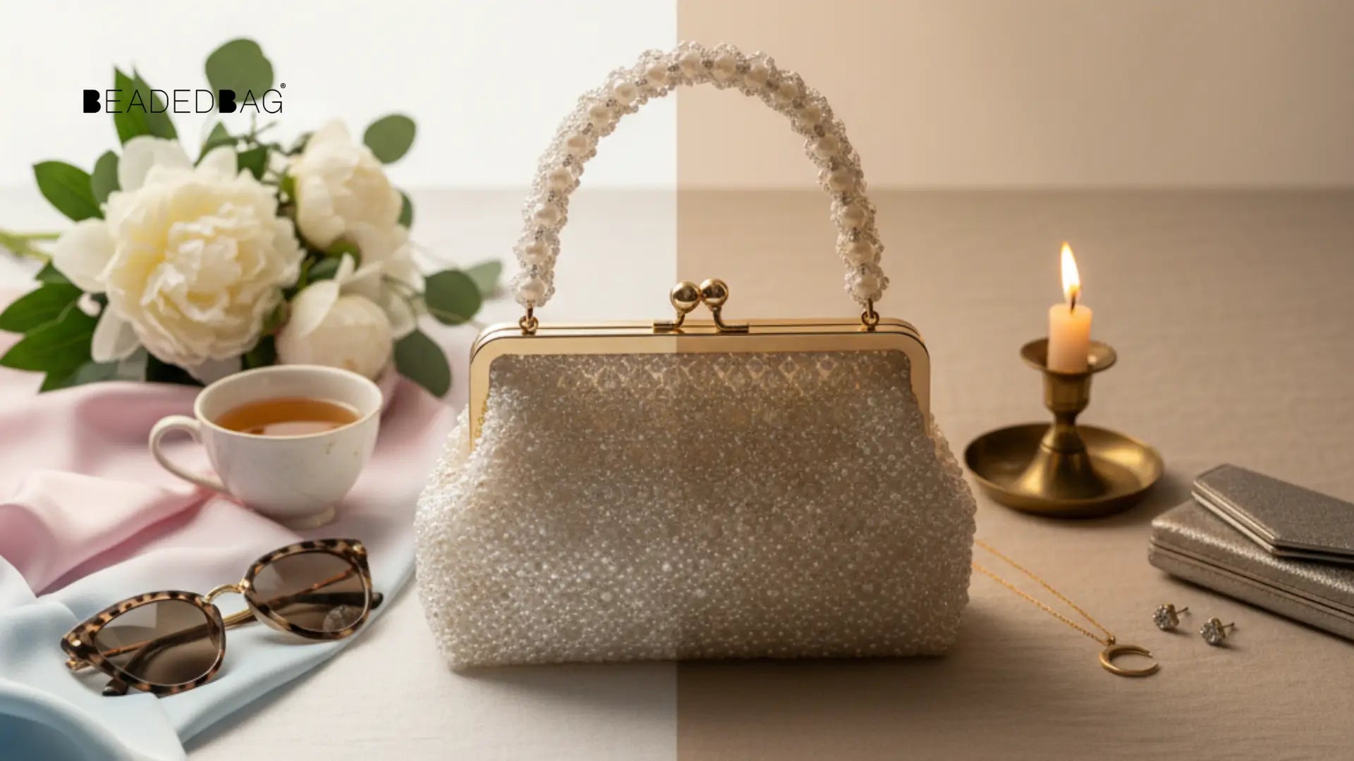 Beaded handbag styled with contrasting day and night accents, showing versatility and elegant craftsmanship. Image