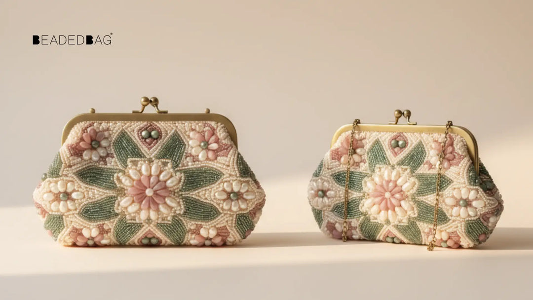 Elegant outfit with a beaded purse, highlighting fine beadwork, clean lines, and soft natural lighting.