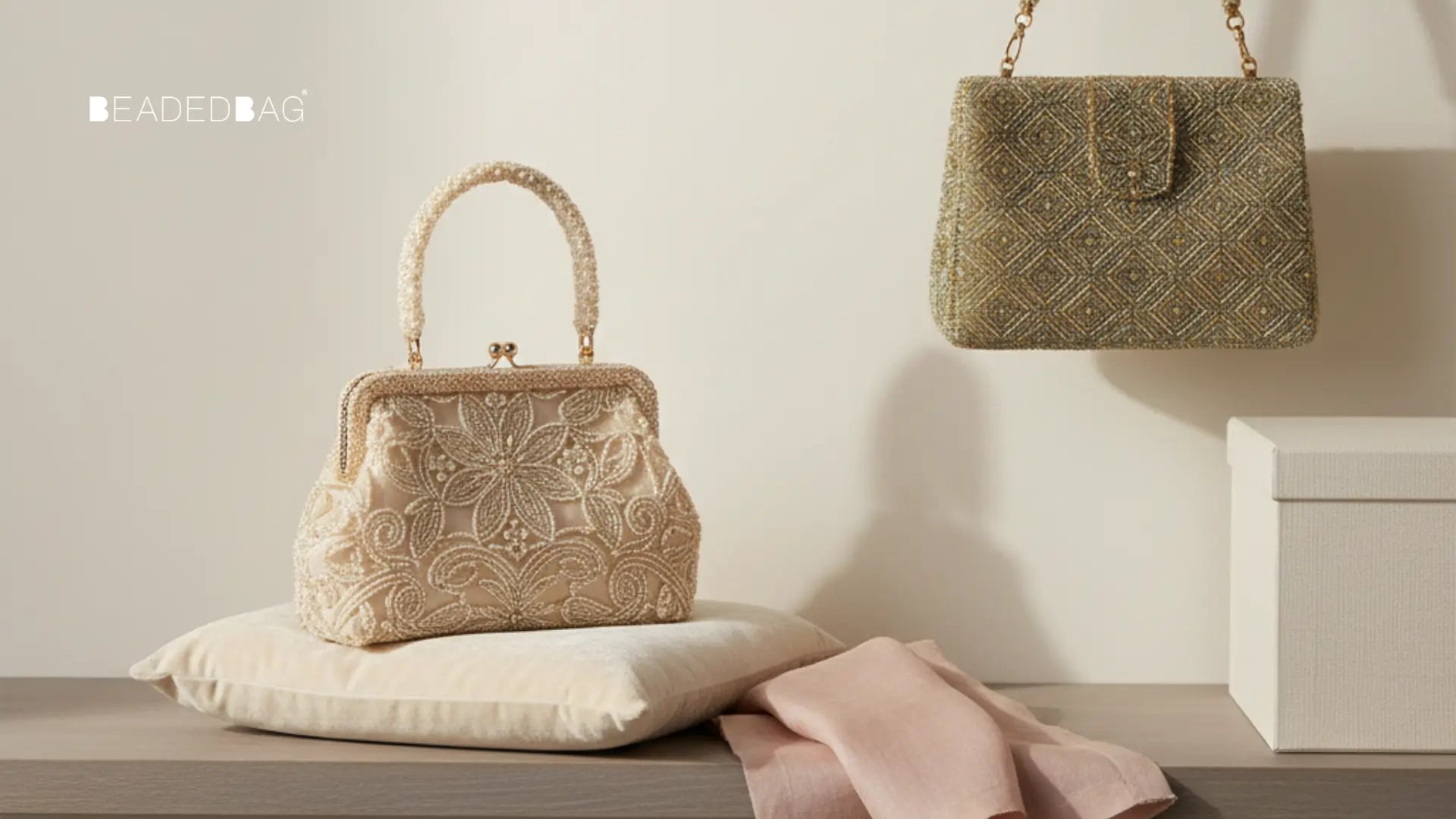 Beaded handbag on padded shelf beside velvet hook, illustrating safe storage versus hanging considerations.