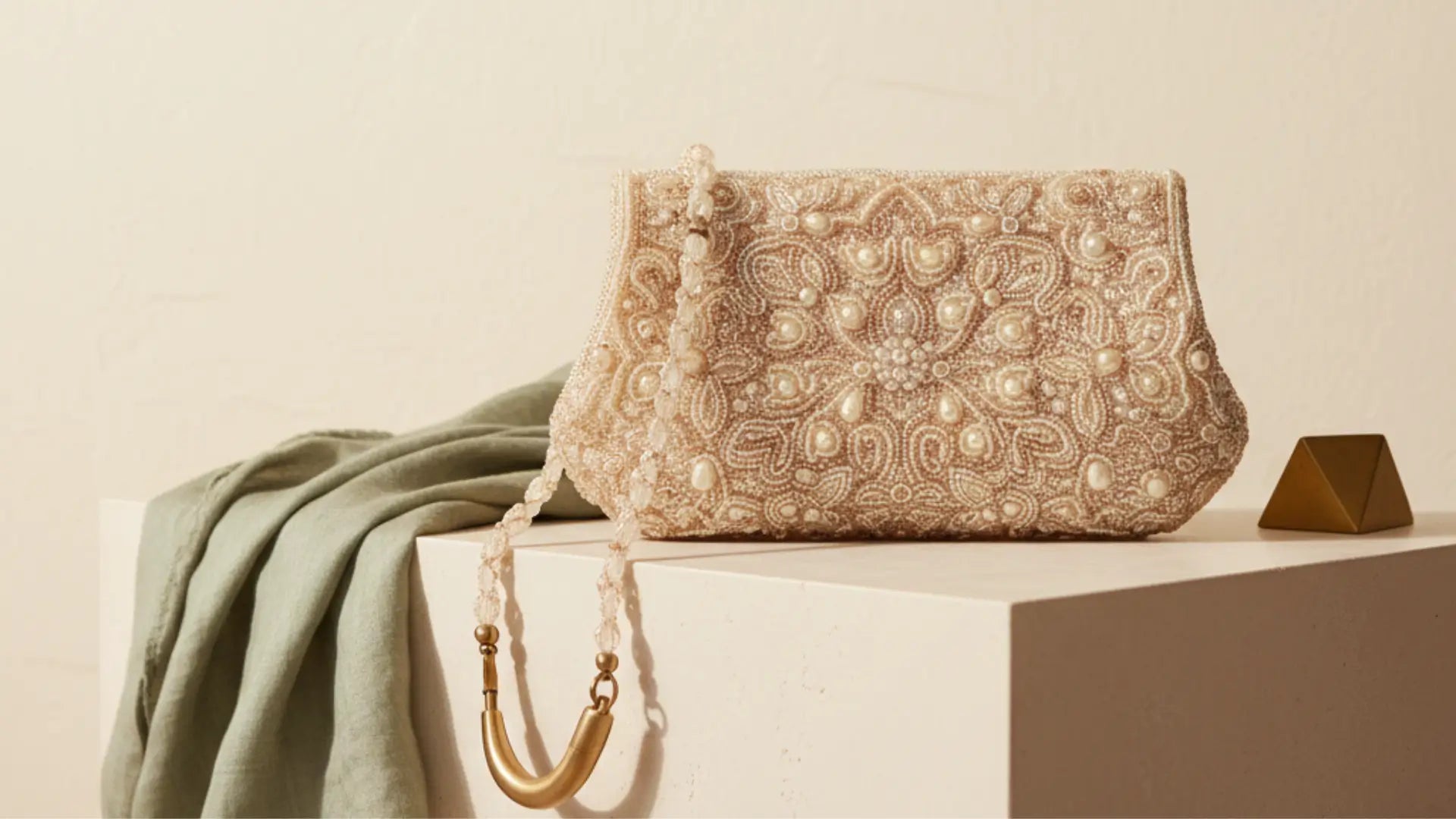 Refined still life of luxury beaded bags on stone plinth with soft lighting, silk accents, and detailed beadwork.