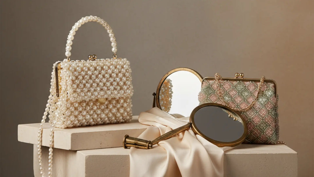 Affordable handcrafted beaded bag in warm lighting, showing intricate beadwork, stitching, and elegant modern design.