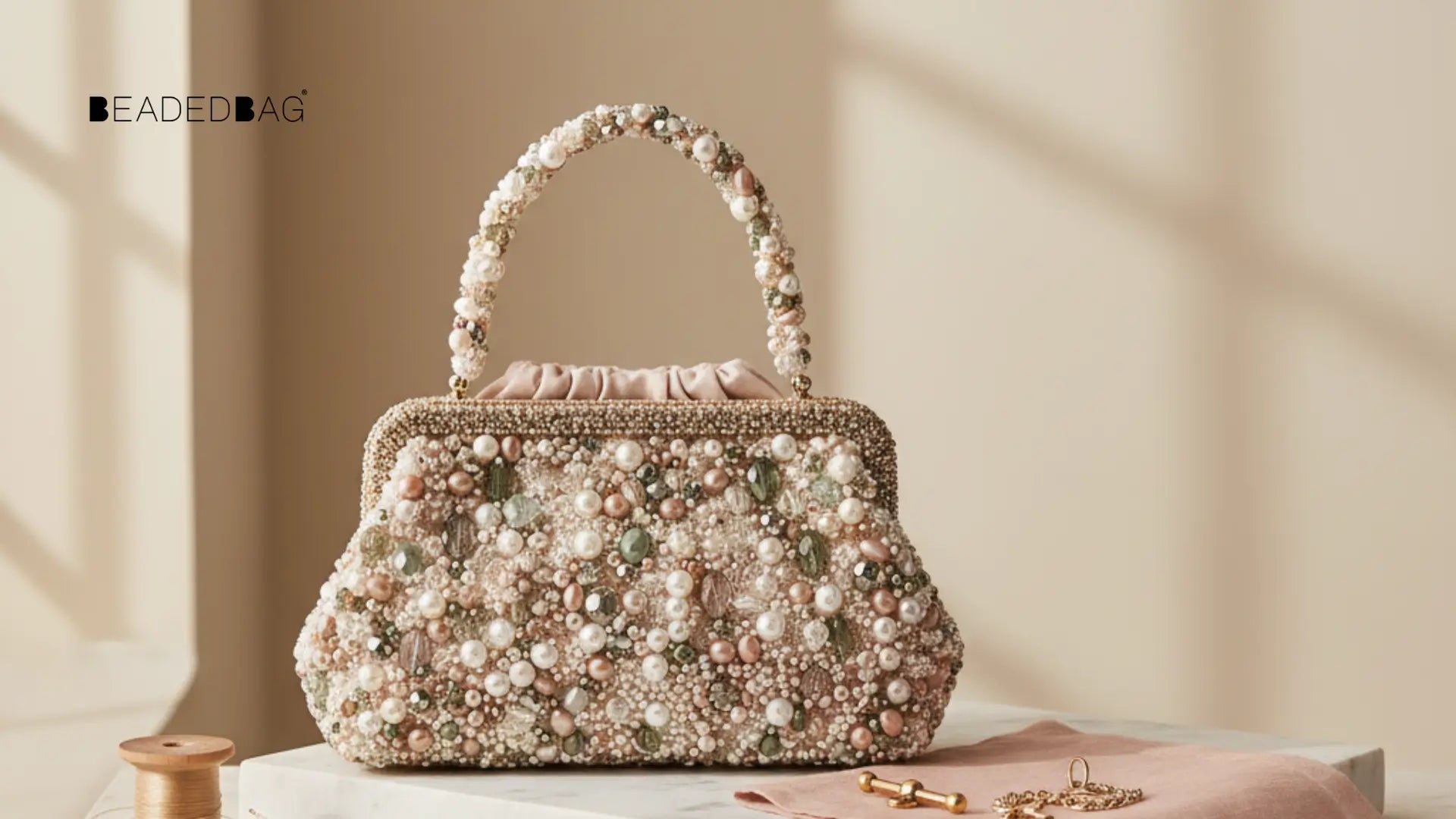 Premium beads, thread, and lining swatches arranged with a beaded handbag, highlighting material quality and craftsmanship. Image