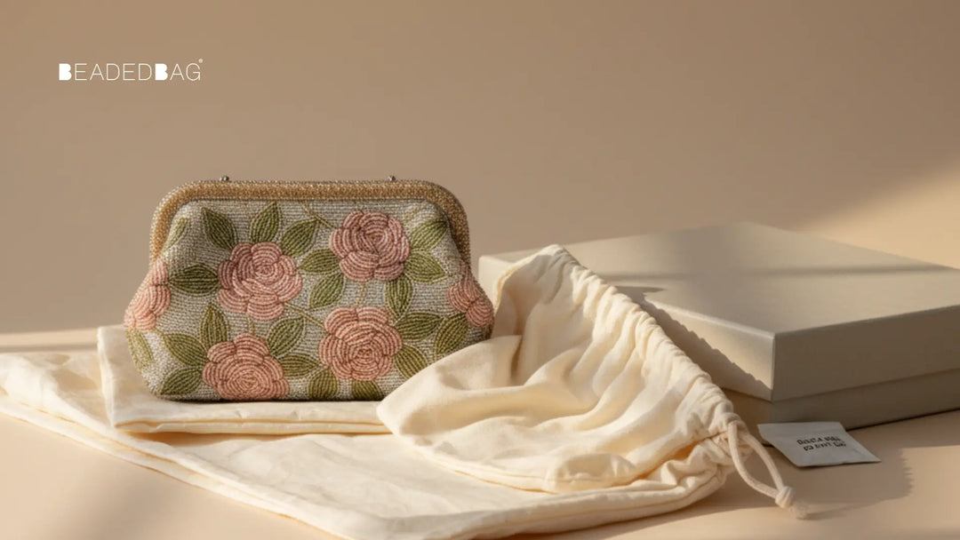 Beaded evening bag placed into a cotton dust bag with tissue, highlighting careful, archival-style storage.